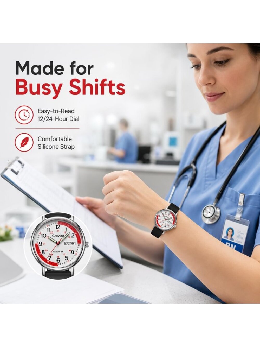 Unisex Silver-Red Face-Black Waterproof Military Time Easy to Read Dial Watches - Picture 4 of 7